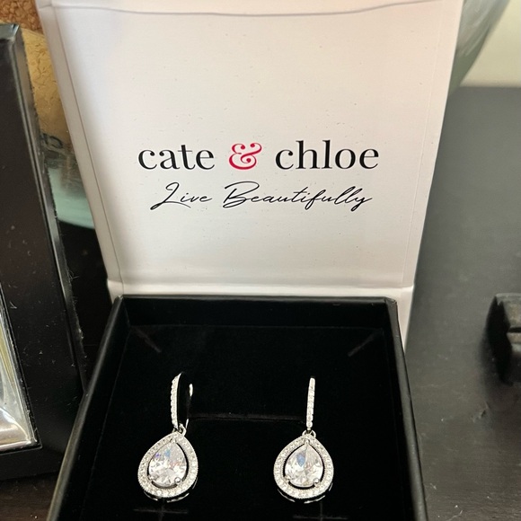 Cate & Chloe Isabel 18k White Gold Plated Halo Design Silver Teardrop Earrings - Picture 2 of 6